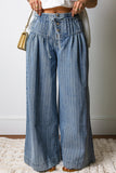 Stripe Pleated Drawstring Waist Wide Leg Jeans