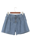 Sky Blue Stripe Drawstring Button Pleated High Waist Denim Shorts