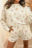 Beige Floral Print Long Sleeve Shift Top Pocketed Shorts 2pcs Set