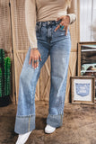 Blue Cuffed Straight Loose Jeans