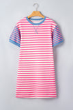 Pink Stripe Contrast Patchwork Short Sleeve T Shirt Shift Dress