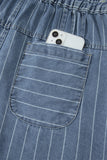 Sky Blue Stripe Drawstring Button Pleated High Waist Denim Shorts