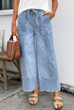 Drawstring Raw Hem Wide Leg Denim Pants