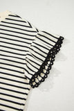 Black Stripe Eyelet Trimmed Ruffled Short Sleeve Plus Size Top
