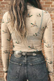 Western Print Mesh High Neck Top