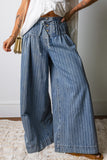Stripe Pleated Drawstring Waist Wide Leg Jeans