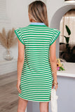 Green Stripe Flutter Sleeve Short Dress