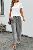 Gray Drawstring Raw Hem Wide Leg Denim Pants
