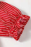 Red Stripe Ruffled Short Puff Sleeve Button Front Blouse