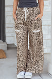Khaki Leopard Wide Leg Terry Knit Pants
