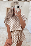 Brown Checkerboard T Shirt and Skorts 2 Piece Outfit