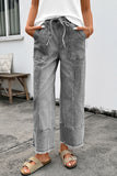 Gray Drawstring Raw Hem Wide Leg Denim Pants