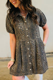 Leopard Print Short Sleeve Denim Mini Dress