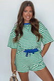 Green Stripe Drop Shoulder Short Set