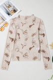 Western Print Mesh Long Sleeve Mock Neck Top