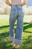 Blue Cuffed Straight Loose Jeans