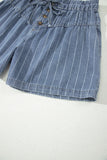 Sky Blue Stripe Drawstring Button Pleated High Waist Denim Shorts