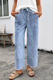 Drawstring Raw Hem Wide Leg Denim Pants
