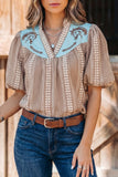 Pony Embroidered Puff Sleeve Blouse -Brown