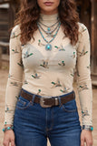 Western Print Mesh High Neck Top
