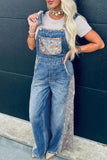Floral Patchwork Denim Wide Leg Overalls