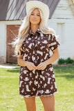 Brown Cowgirl Hats Boots Cactus Print Raw Edge Button Down Short Denim Dress