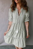 Green Stripe Ruffled Short Sleeve  Dress