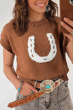 Chestnut Western Horseshoe Pattern Short Sleeve Knit Sweater