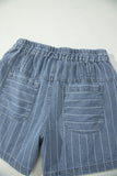 Sky Blue Stripe Drawstring Button Pleated High Waist Denim Shorts