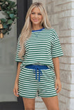 Green Stripe Drop Shoulder Short Set