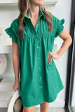 Green Ruffle Sleeve Button Up Short Dress