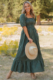 Green Plaid Square Neck Dress