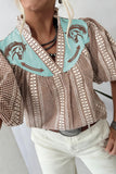 Pony Embroidered Puff Sleeve Blouse -Brown