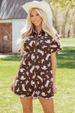Brown Cowgirl Hats Boots Cactus Print Raw Edge Button Down Short Denim Dress