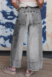 Gray Drawstring Raw Hem Wide Leg Denim Pants