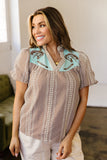 Pony Embroidered Puff Sleeve Blouse -Brown