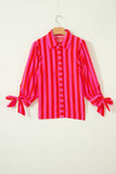 Red Stripe Puff Sleeve  Button Down Shirt