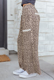Khaki Leopard Wide Leg Terry Knit Pants