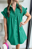 Green Ruffle Sleeve Button Up Short Dress