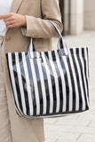black Glossy Striped Vinyl Large Tote Bag