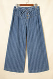 Stripe Pleated Drawstring Waist Wide Leg Jeans