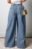 Stripe Pleated Drawstring Waist Wide Leg Jeans