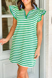 Green Stripe Flutter Sleeve Short Dress