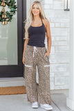 Khaki Leopard Wide Leg Terry Knit Pants