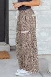 Khaki Leopard Wide Leg Terry Knit Pants