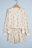 Beige Floral Print Long Sleeve Shift Top Pocketed Shorts 2pcs Set