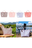 Green Glossy Striped Vinyl Large Tote Bag