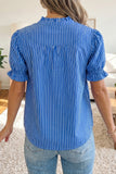 Red Stripe Ruffled Short Puff Sleeve Button Front Blouse