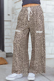 Khaki Leopard Wide Leg Terry Knit Pants