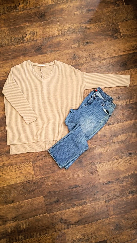 Long sleeve ash mocha waffle knit top